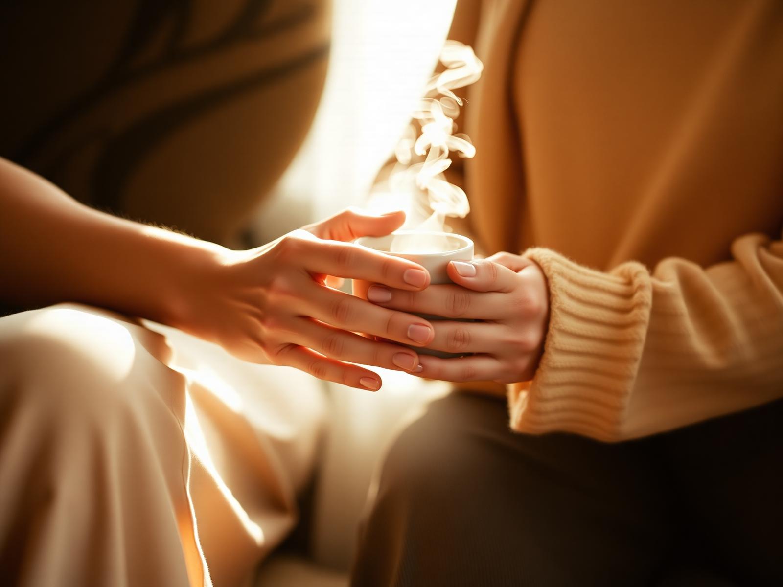 Two pairs of hands holding a warm mug together in soft morning light